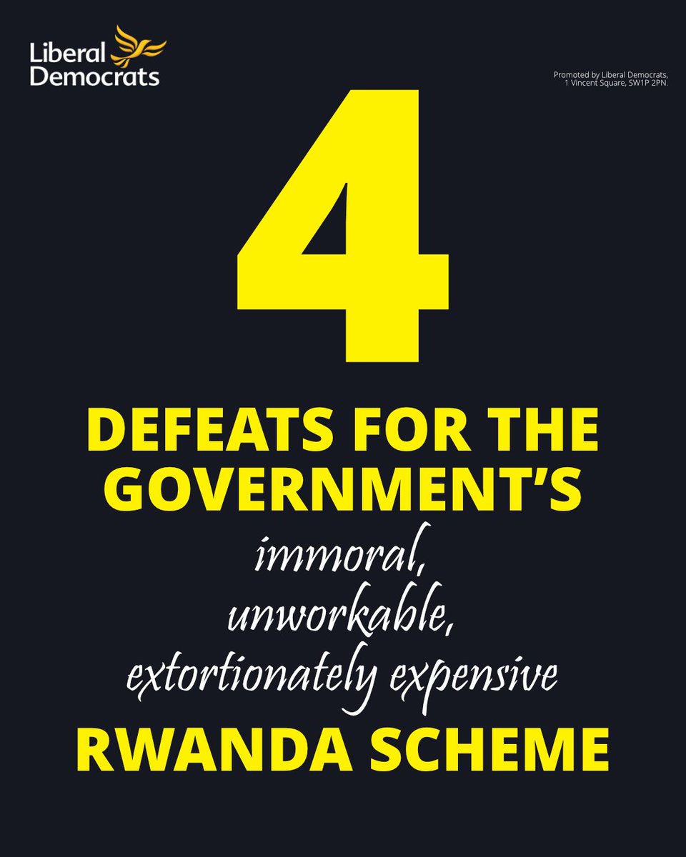 🔶Four Government defeats in the Lords tonight. The Rwanda Bill will be back in the Commons tomorrow. Lib Dems will continue pushing to stop this costly, unethical nonsense. #RwandaBill