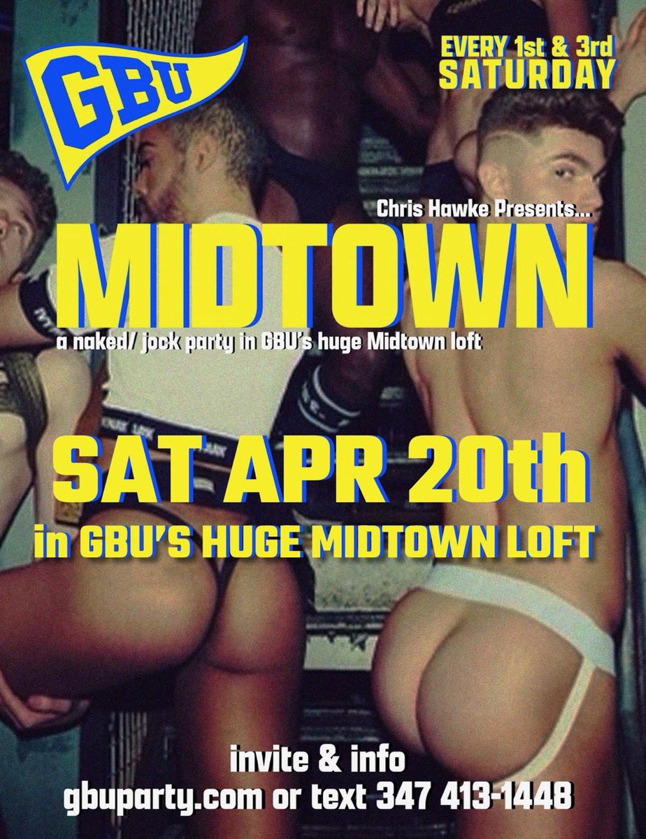 🔥THIS SATURDAY NIGHT / SUNDAY MORNING🔥 SATURDAY APRIL 20TH – NYC Gay Play Party | GBU MIDTOWN HOT PARTY| 10PM-6AM | Midtown Manhattan | Naked or Jock | Live DJ | 100’s of hot guys | Hosted by @GBUpartyNYC ⬇️For info visit link below ⬇️ gaysexnyc.wordpress.com/2024/04/16/%f0…