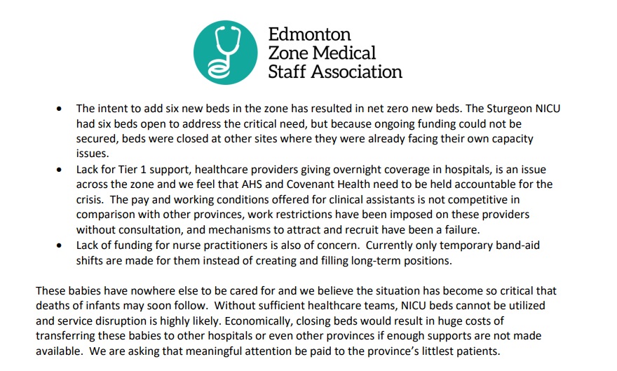 'These babies have nowhere else to be cared for and we believe the situation has become so critical that deaths of infants may soon follow.' Edmonton Zone Medical Staff Assoc. pens letter to health minster warning of dire consequences if NICU capacity in the city remains high.