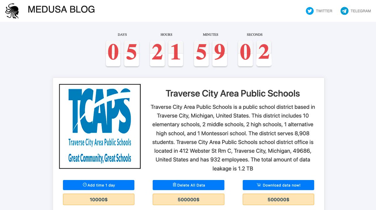 BrettCallow's tweet photo. #Medusa has listed Traverse City Area Public Schools. #tcaps #ransomware 1/2 https://t.co/Vi9ooUGykH