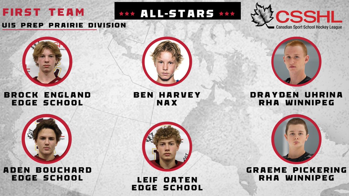 The U15 Prep Prairie 1st Team All-Stars: F: Brock England - Edge School F: Ben Harvey - Northern Alberta Xtreme F: Drayden Uhrina - RINK Hockey Academy Winnipeg D: Aden Bouchard - Edge School D: Graeme Pickering - RINK Hockey Academy Winnipeg G: Leif Oaten - Edge School