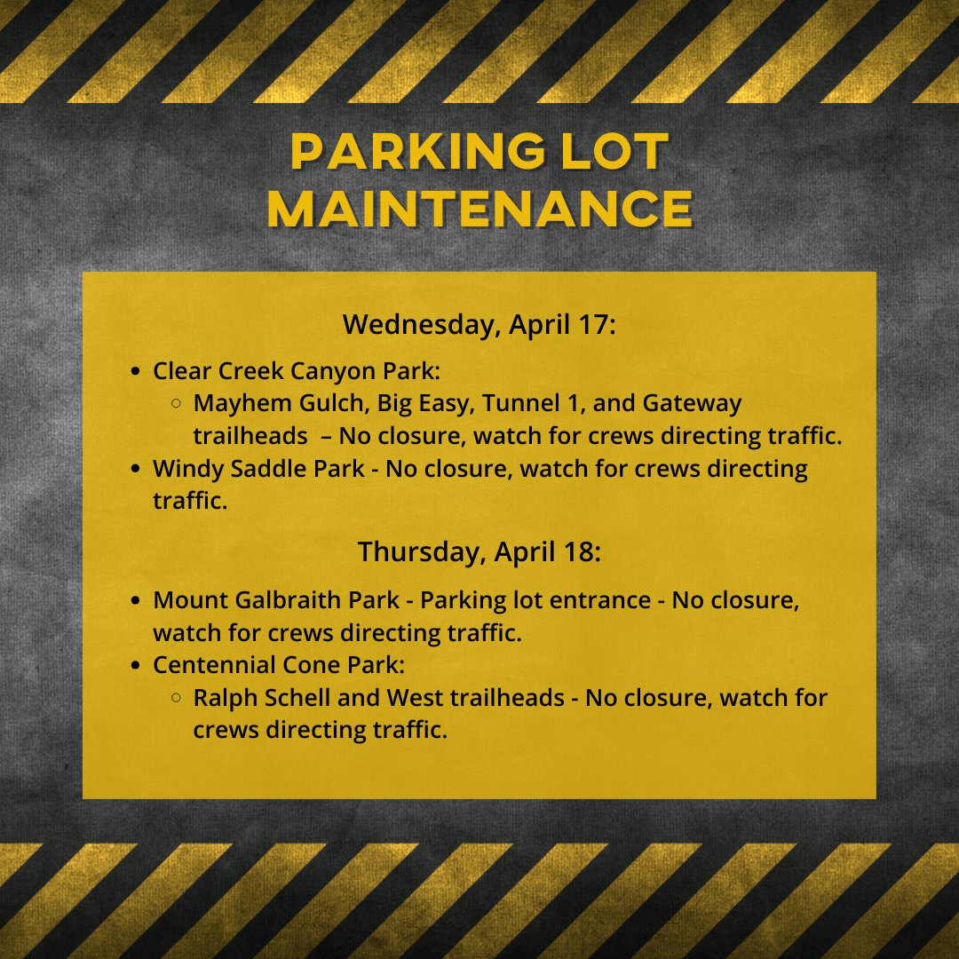 NOTICE: Parking lot maintenance at various parks continue this week, weather dependent. Please give crews space!