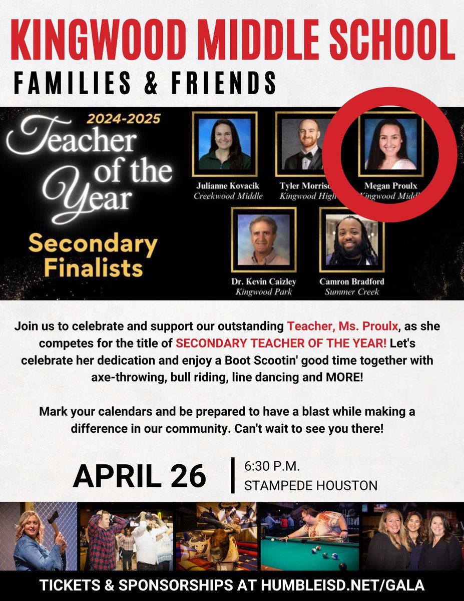 Join us on April 26th for a FUN Friday night celebrating our Ms. Proulx as she competes for Teacher of the Year! The gala promises a Boot Scootin' good time, complete with axe-throwing, bull riding, line dancing, and much more, all while supporting @HumbleISD! #KMSCougarPride🐾