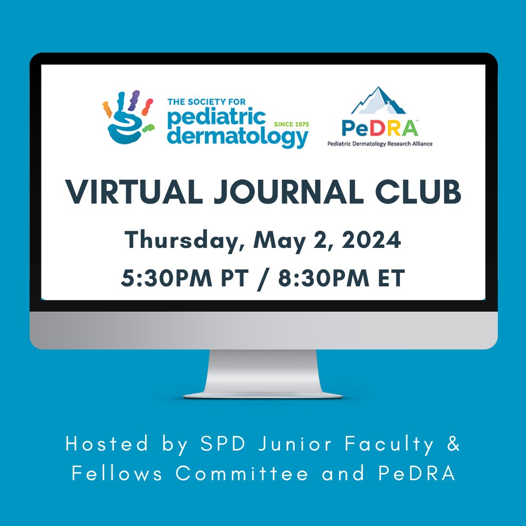 PeDRAResearch's tweet photo. 🎉 Together with @SocietyPedsDerm we will be hosting the next Virtual Journal Club on Thursday, May 2 at 5:30PM PT / 8:30PM ET featuring PeDRA members @ElenaHawryluk and @KellyBarry_ as expert authors!

Register now ➡️ https://t.co/pTr5Ut5AzQ

#PeDRA #pedraresearch #pedsderm https://t.co/eLZmo2Xs96