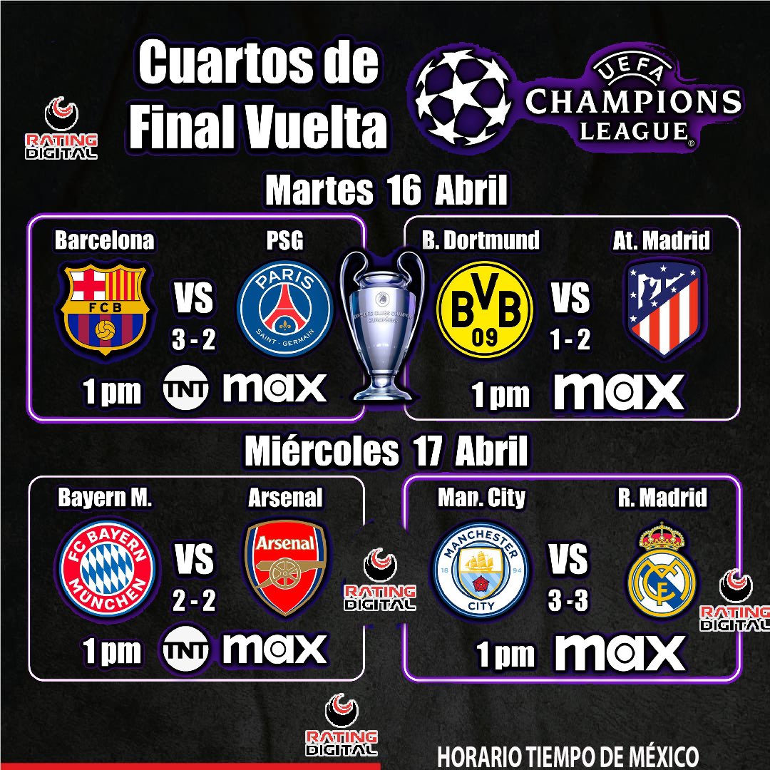 MedioRating's tweet photo. 🔴Cuartos de Final VUELTA @ChampionsLeague ⚫️

MARTES 16 ABRIL
@FCBarcelona vs @PSG_inside 
@BVB vs @Atleti 
MIÉRCOLES 17
@ManCityES vs @realmadrid 
@FCBayern vs @Arsenal 

⚪️#RD #rd #ratingdigital #Champions2024 #championsleague https://t.co/2u5yrsLP2s