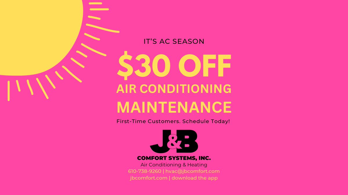 jbcomforthvac's tweet photo. First-time customers enjoy $30 Off AC Maintenance! Schedule today, call 610-738-9260, email hvac@jbcomfort.com, visit us at https://t.co/l1AdQp5Nnb, or download the app!

#chesco #chescopa #delco #delcopa #montco #montcopa #mainline #smallbusiness #jbcomfort https://t.co/KDSrQT139E