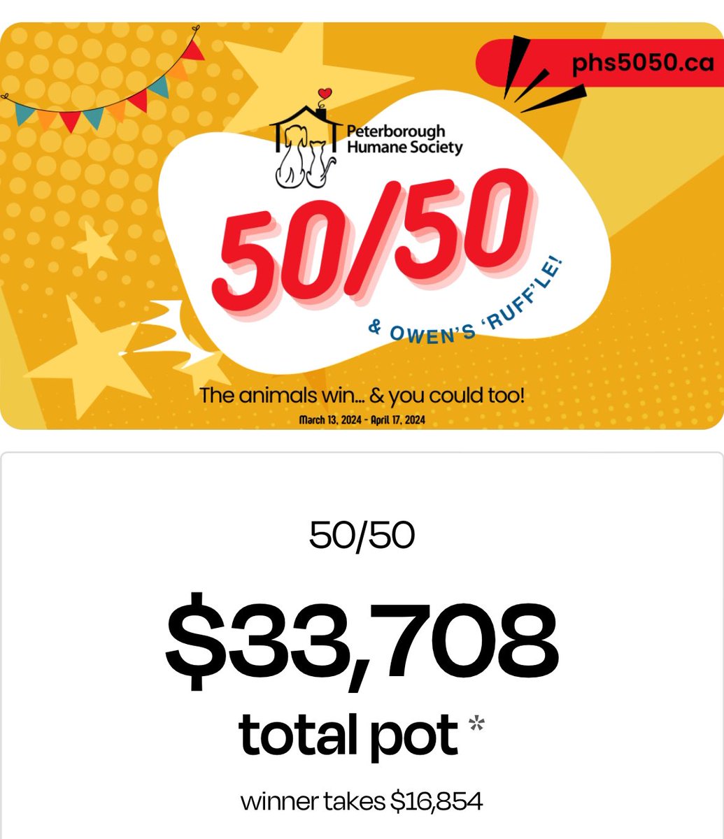 LAST CHANCE!! @HSpeterborough 50/50 and “ruffle” ends tomorrow at noon! Visit phs5050.ca to purchase your tickets!