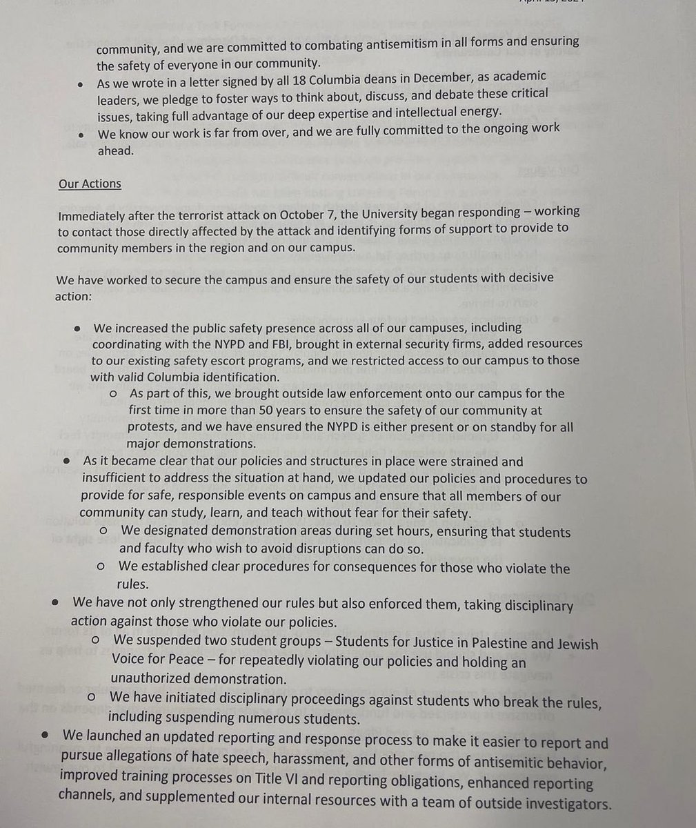 BREAKING: LEAKED PLAN from Columbia University administration for the congressional hearing tmrw. President Minouche Shafik will be testifying. Columbia admin touts the suspension of students & brags about having NYPD on campus.