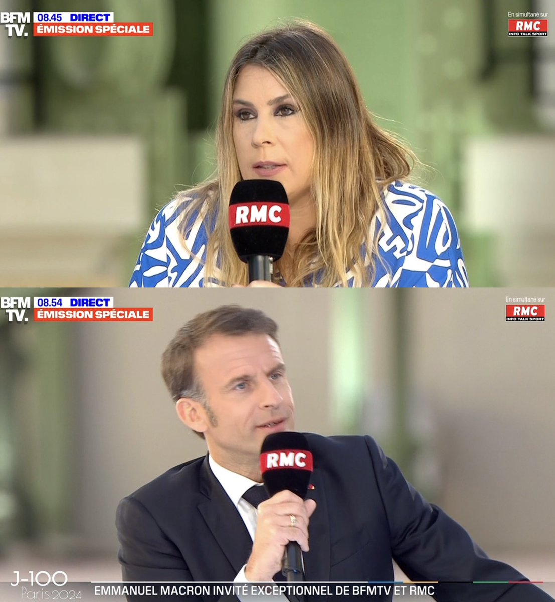 Merci Mr Le Président de la République @EmmanuelMacron pour cette heure passée avec vous. J'ai bcp appris et nous avons hâte que les JO de Paris commencent ! Merci à toute l équipe de @RMCInfo et @BFMTV pour ce moment exceptionnel J-100 #jo2024 #france 🇫🇷😀@apollineWakeUp ❤️