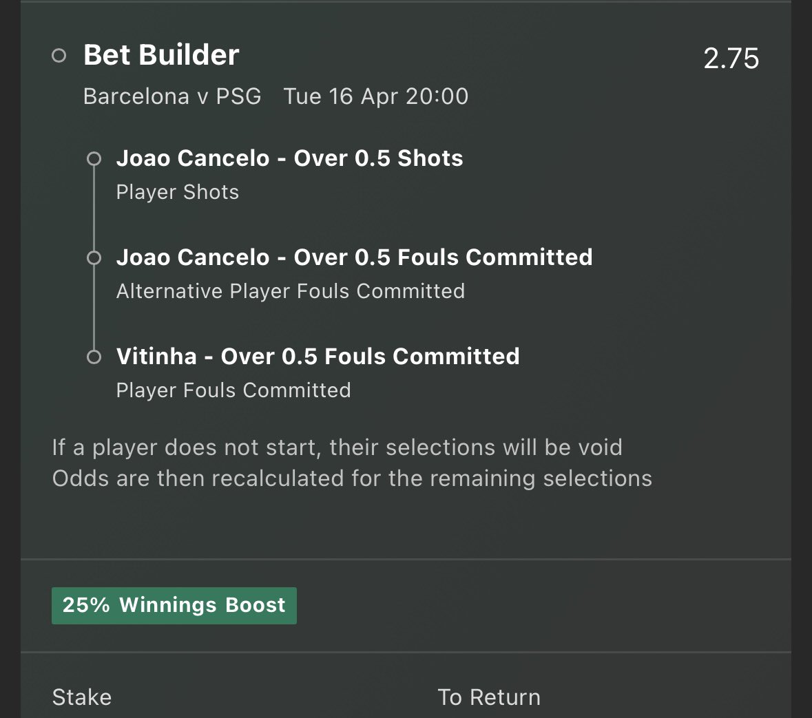 OddsUpClub's tweet image. 🇪🇺UCL betbuilders🇪🇺

🇪🇸Barca vs PSG🇫🇷

Odds: 3.18 (Bet365 25% boost)
Stake: 1 unit 

🇩🇪Dortmund vs Atletico🇪🇸

Odds: 3.25 (Bet365)
Stake: 1 unit 

0.5 units on the double at odds of 8.93

Research below 👇 

🔹Cancelo shots last 8: 2,2,2,2,1,2,0,2. He also managed 2 shots in the…