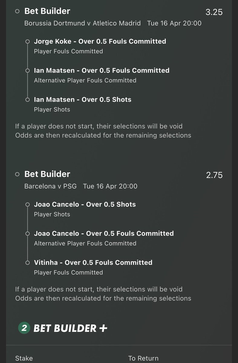 OddsUpClub's tweet image. 🇪🇺UCL betbuilders🇪🇺

🇪🇸Barca vs PSG🇫🇷

Odds: 3.18 (Bet365 25% boost)
Stake: 1 unit 

🇩🇪Dortmund vs Atletico🇪🇸

Odds: 3.25 (Bet365)
Stake: 1 unit 

0.5 units on the double at odds of 8.93

Research below 👇 

🔹Cancelo shots last 8: 2,2,2,2,1,2,0,2. He also managed 2 shots in the…
