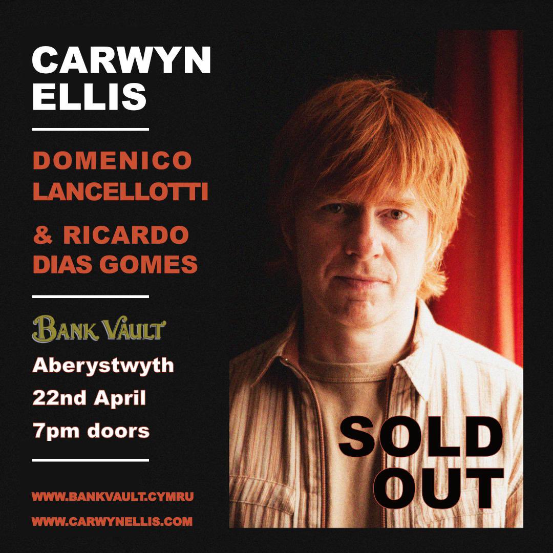 The Aberystwyth gig on April 22 with Domenico Lancellotti and Ricardo Dias Gomes has sold out! Still a few tix left for our shows in Brecon and Penarth. Get them quick… Mae gig Aberystwyth Bank Vault wedi gwerthu allan - diolch! Welen ni chi yna 🧡 carwynellis.com/gigs/