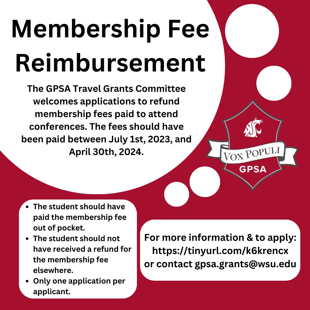 The GPSA Travel Grants Committee welcomes applications to refund membership fees paid out of pocket to attend conferences. The membership fee should have been paid between July 1st, 2023, and April 30th, 2024. Applications are due by May 3rd, 2024. #WSU #GoCougs