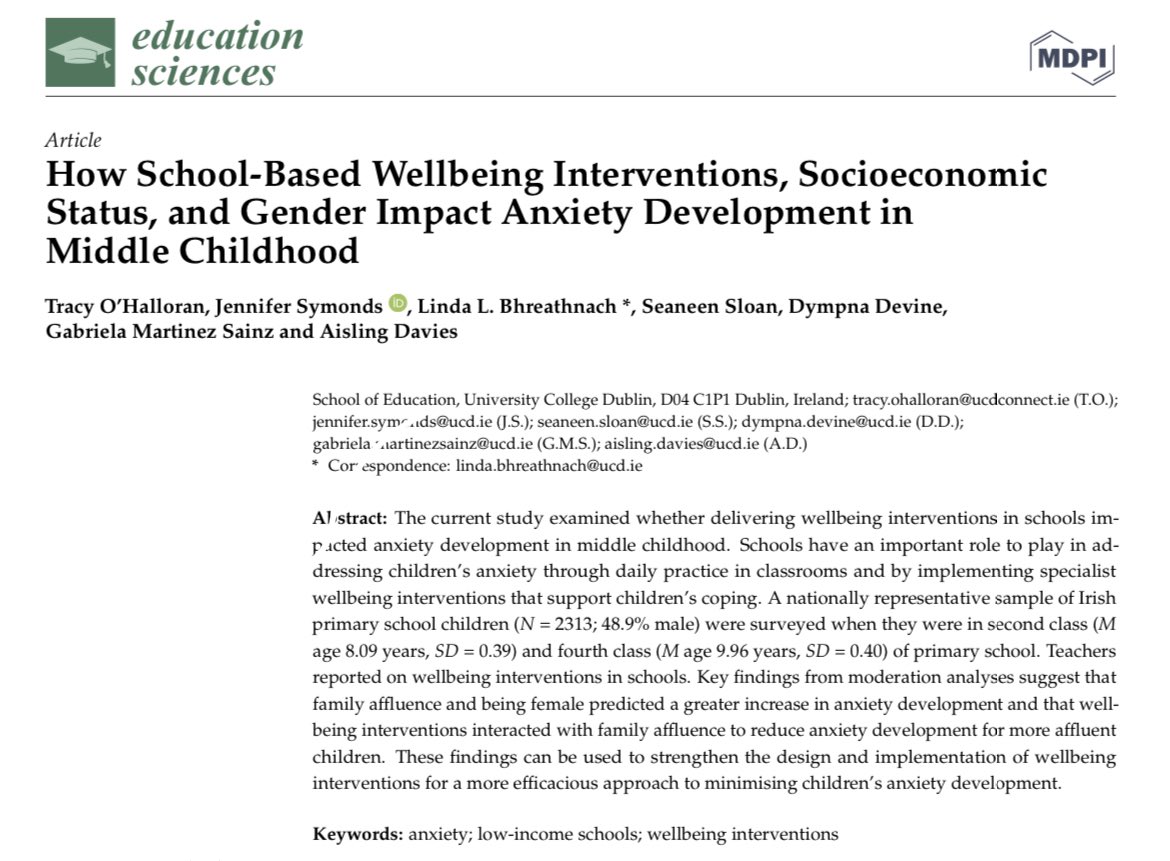 📄 #CSLstudy research in Education Sciences 🚨 Dr Tracy O’Halloran and colleagues explore how school-based wellbeing interventions, socioeconomic status, and gender impact anxiety development in middle childhood. doi.org/10.3390/educsc… @SchoolofEdUCD @NCCAie #edchatie