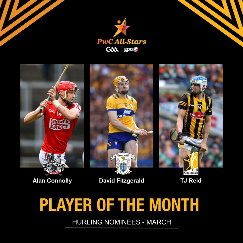Here are your PwC @officialgaa / @gaelicplayers Hurling Player of the Month nominees for March: ⭐ Alan Connolly - @OfficialCorkGAA ⭐ David Fitzgerald - @GaaClare ⭐ TJ Reid - @KilkennyCLG 🔥 Who deserves the award? 🔥#PwCAllstars