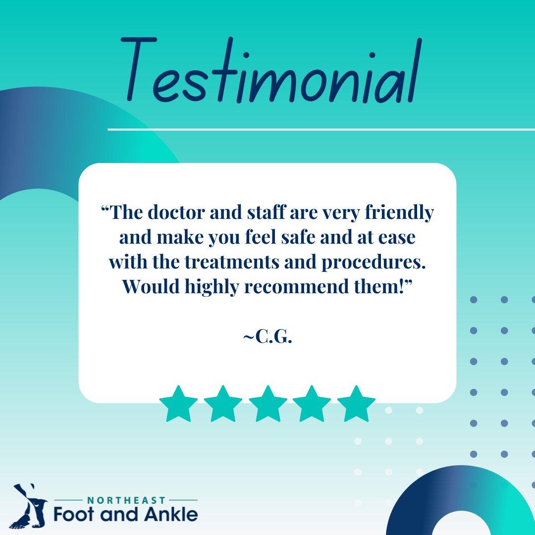 We prioritize your experience at our practice, and we’re always delighted to hear that you felt comfortable during your visit!

northeastfoot.com/reviews

#testimonial #patienttestimonial #podiatristreview #bestpodiatrists #review #podiatryclinic #podiatrist #NortheastFootAndAnkle