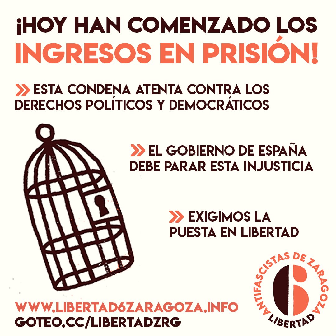 Libertad6Zgz's tweet photo. 🔴🔴 ¡Hoy han dado comienzo los ingresos en prisión!

Como venimos diciendo, el Gobierno es responsable de parar esta gran injusticia que atenta contra derechos políticos y democráticos. 

🗣️ ¡Exigimos la puesta en libertad!

💻 https://t.co/kdas9nyeeR https://t.co/Z4AwTlP4lR