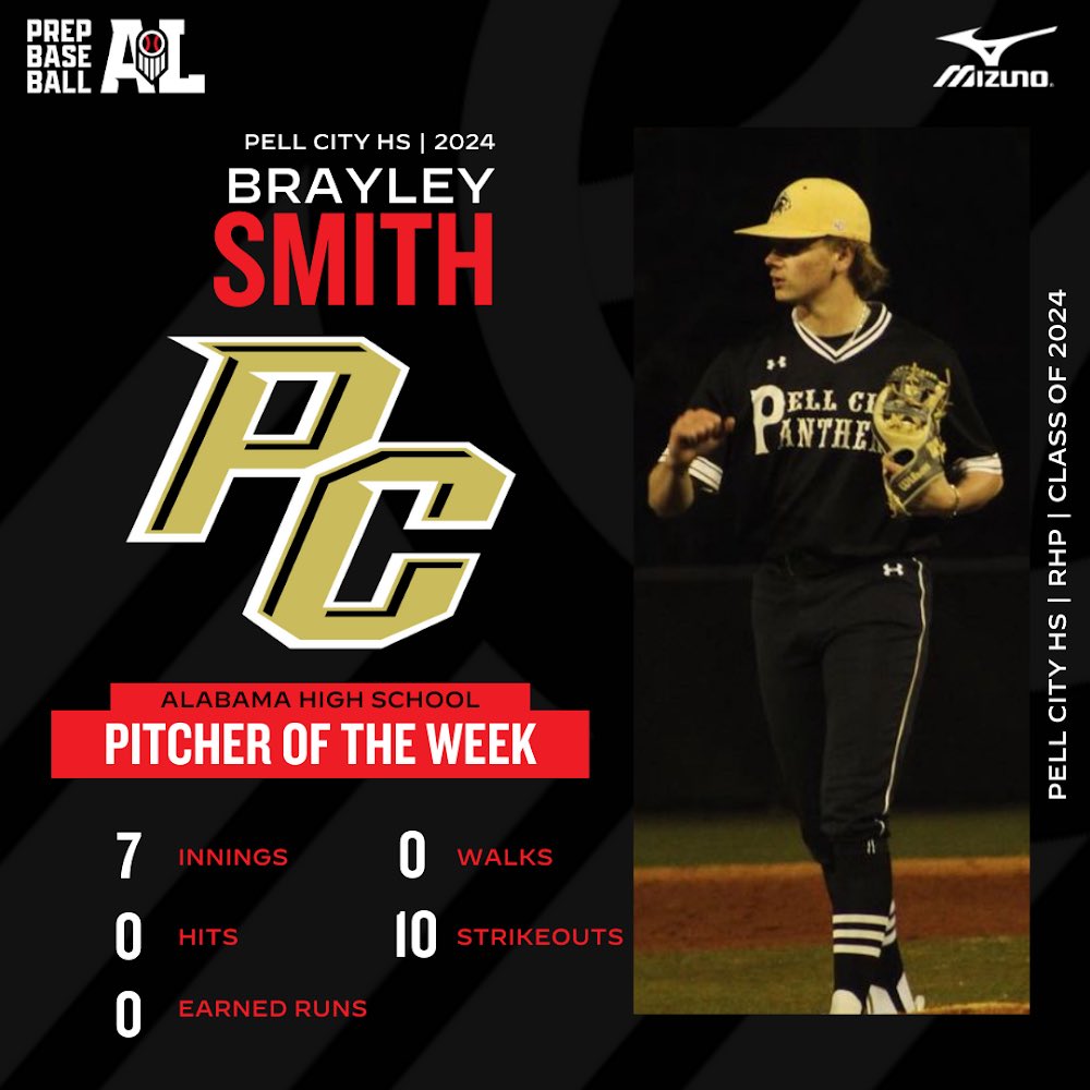 𝗣𝗜𝗧𝗖𝗛𝗘𝗥 𝗢𝗙 𝗧𝗛𝗘 𝗪𝗘𝗘𝗞: 𝗪𝗘𝗘𝗞 𝟴🥇
𝕊𝕡𝕠𝕟𝕤𝕠𝕣𝕖𝕕 𝕓𝕪: <a href="/MizunoSportsUSA/">Mizuno Team Sports USA</a>

+ RHP Brayley Smith (@PCBaseball2023, 2024), a @CACCThe recruit, was 𝗣𝗘𝗥𝗙𝗘𝗖𝗧 in last week’s playoff-clinching start going 7 IP, 0 H, 0 R, 0 BB, &amp; 10 Ks during Week 8️⃣ of the high