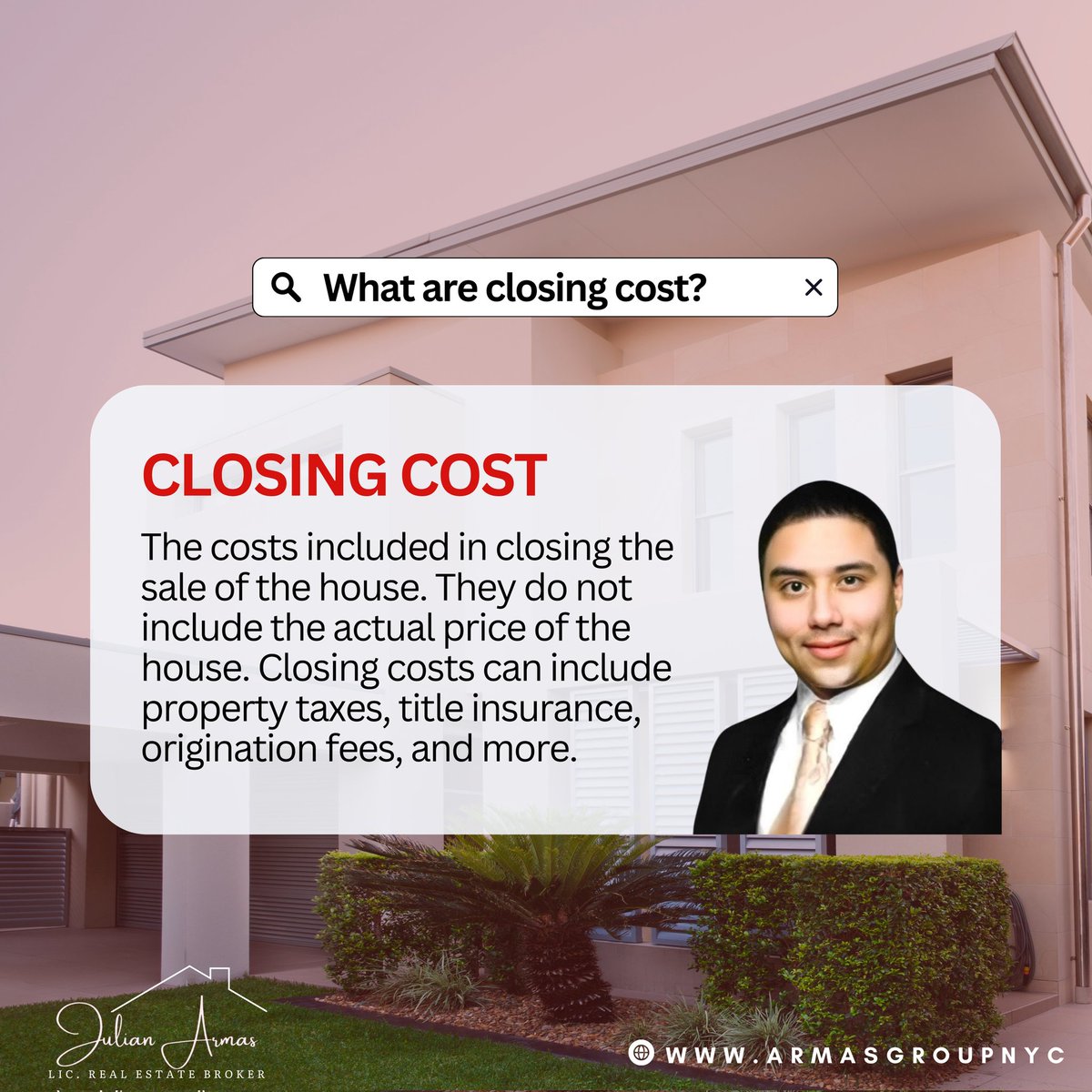 WHAT ARE CLOSING COST ?

Closing cost included in closing the sale of the house..........🏠☑️

Follow @mrjulianarmas for more such information ℹ️ 

#homeowner  #listingspecialist #realestate #realestateagent #estateagentsofinstagram #realestatelife #melbre #realestategoals🏡💕