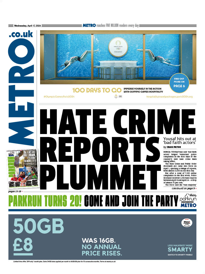 Wednesday's front page                                   

HATE CRIME REPORTS PLUMMET        

🔴Yousaf hits out at ‘bad faith actors’             

#scotpapers #skypapers #bbcpapers