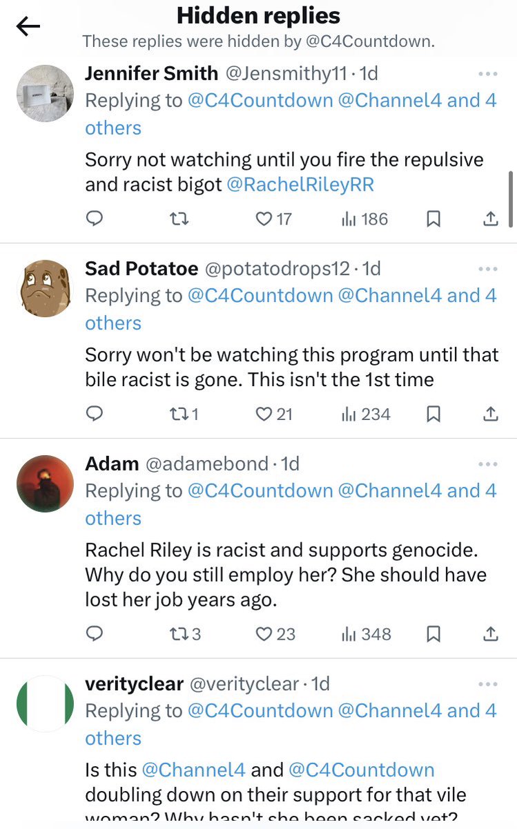 @C4Countdown @Channel4 @JBGill @ColinMurray @susie_dent @RachelRileyRR Why are you hiding all the posts about racist bigot Rachel Riley and when are you sacking her or are you Ok with racism? #SackRachelRiley