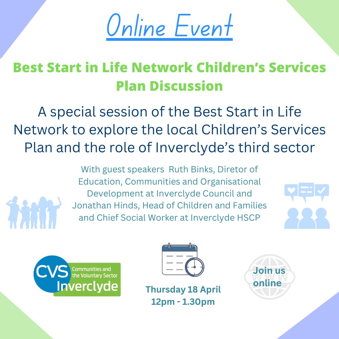 We are thrilled to have guest speakers from Inverclyde Council and HSCP joining our Best Start in Life Network as we discuss Inverclyde’s Children’s Services Plan and the role of the third sector! Join us online TOMORROW: cvsinverclyde.org.uk/events/best-st…