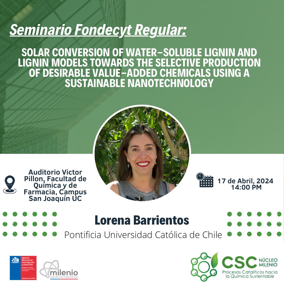🗣🧪 | El Núcleo Milenio CSC las y los invita al seminario Fondecyt Regular que dictará la Dra. Lorena Barrientos, investigadora del Núcleo Milenio CSC y profesora de <a href="/FQuimica_UC/">Facultad de Química y de Farmacia UC</a> 

📅 17 de abril
⌚️ 14:00 horas
📍 Auditorio Victor Pillon, Facultad de Química y de Farmacia.