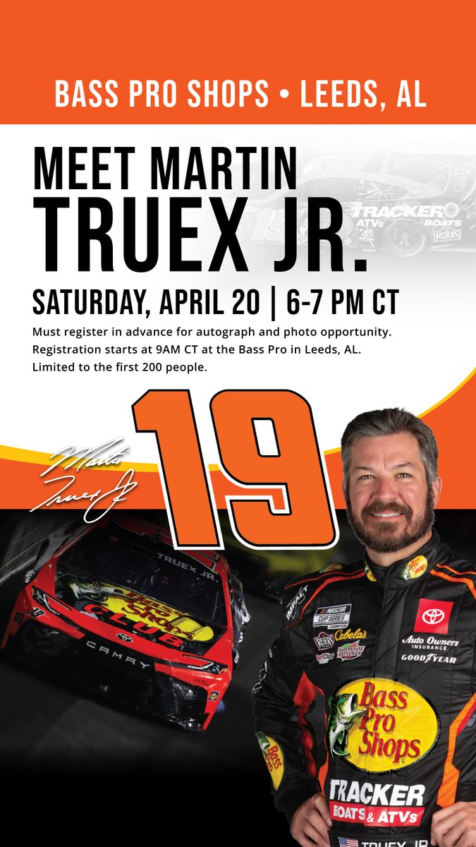 Do you want to meet @MartinTruex_Jr? Come to the @BassProShops in Leeds, AL this Saturday!