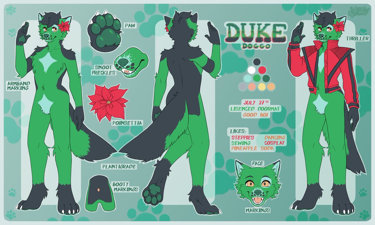 DukeDoggo's tweet image. Sup! I&apos;m Duke Doggo!
-Solid Good Boi🐶
- Michael Jackson Megafan
-Cosplayer
- Dancer
- MJ Impersonator
- Paw Lover🐾
- @AbzuBarkShark Suiter 
-@ArtemisWishfoot is my baby💚
Ref Sheet by : @neokuwater