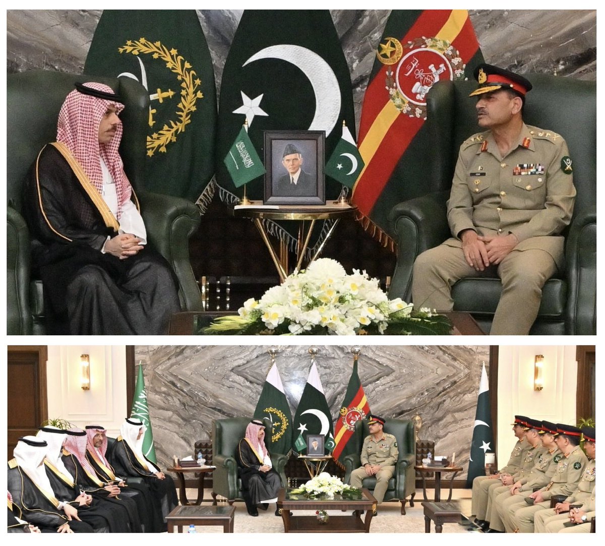 H.E. Prince Faisal bin Furhan Al Saud, Minister of Foreign Affairs KSA, accompanied by a delegation, met with General Syed Asim Munir, NI (M), Chief of Army Staff (#COAS) today.

#PakistanArmy #Pakistan #ISPR

Discussions centered on mutual interests and policies to further…