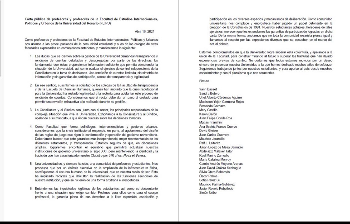 Carta de profes de la Facultad de Estudios Internacionales Políticos y Urbanos.