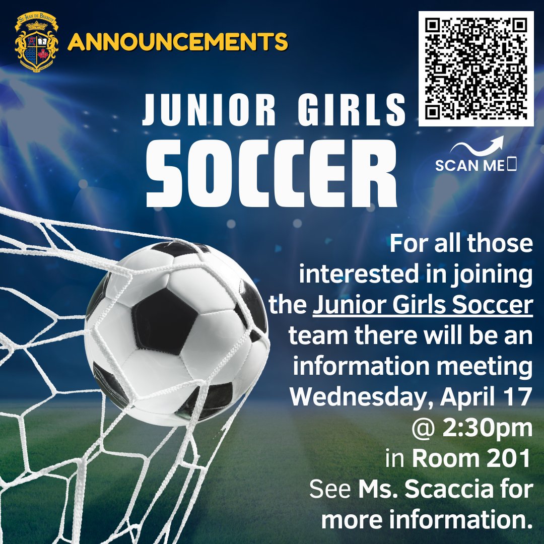 ⚽🥅For all those interested in joining the Junior Girls Soccer team there will be an information meeting on Wednesday, April 17 @ 2:30 pm in Room 201
Please see Ms. Scaccia for more information.
