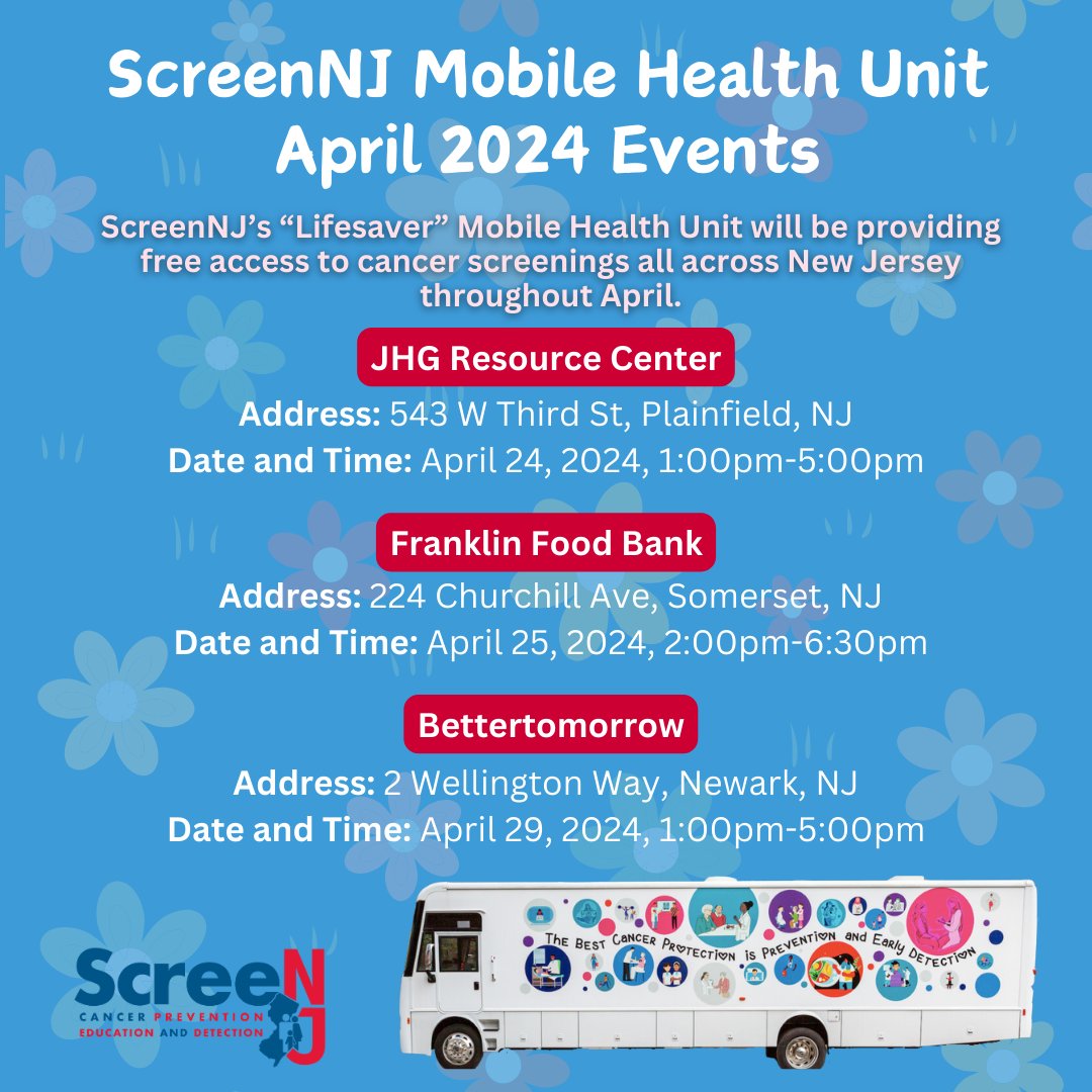 @ScreenNJ’s Mobile Health Unit will be traveling across #NewJersey providing #free #cancerscreenings throughout April! See if we are traveling to a location near you. 🚐 #NJ #cancerprevention #cancerawareness