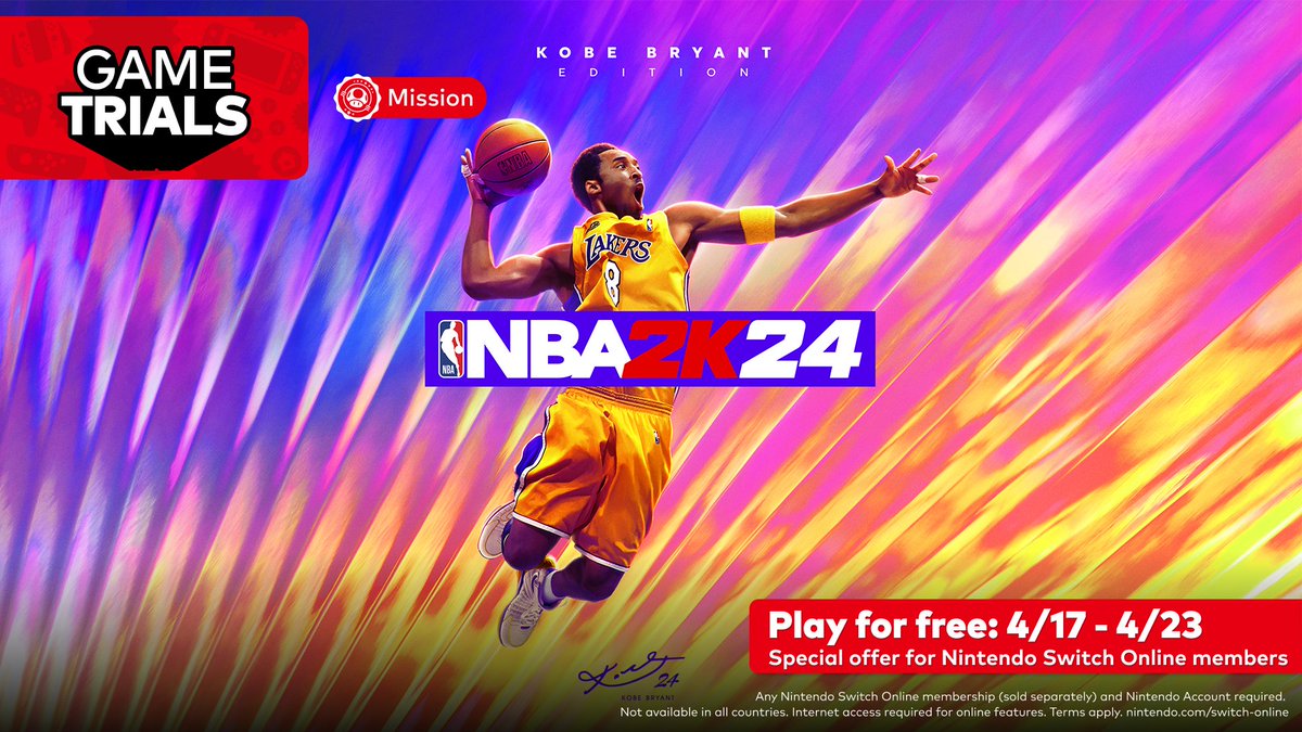 #NintendoSwitchOnline members! From 4/17 at 10am PT to 4/23 at 11:59pm PT, you can download and try the NBA 2K24 Kobe Bryant Edition game at no additional cost. 

Learn more: ninten.do/6017Y6Q81