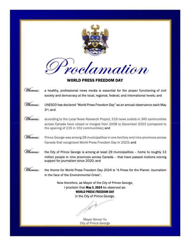 THANK YOU Mayor Simon Yu for proclaiming May3rd #WorldPressFreedomDay in @CityofPG! #countdown to #WPFD2024 For details & map, visit ink-stainedwretches.org/campaigns.html @CCUNESCO @CDN_WPF @smccarthy55 @FCM_online @carolesaab @UBCM @jen_ford @npacali @caj @hirider750 @ChuckHowitt @jsource