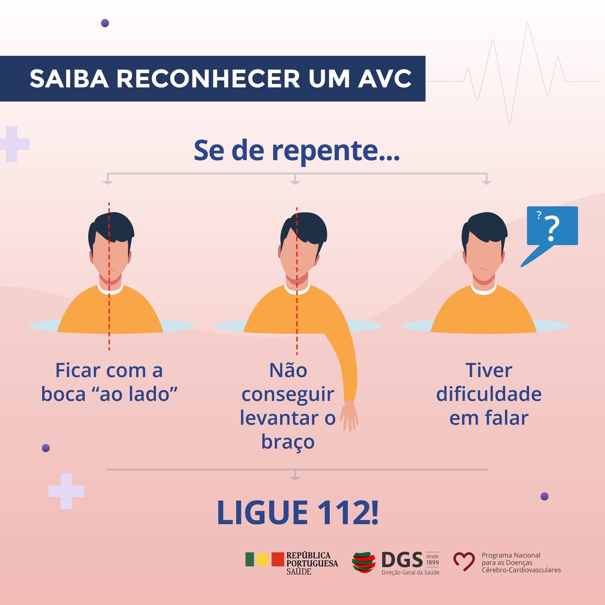 DGSaude's tweet photo. 👉𝗦𝗮𝗶𝗯𝗮 𝗿𝗲𝗰𝗼𝗻𝗵𝗲𝗰𝗲𝗿 𝘂𝗺 𝗔𝗰𝗶𝗱𝗲𝗻𝘁𝗲 𝗩𝗮𝘀𝗰𝘂𝗹𝗮𝗿 𝗖𝗲𝗿𝗲𝗯𝗿𝗮𝗹.
🆘Em caso de falta de força num braço, boca ao lado e dificuldade em falar, ligue de imediato o Número Europeu de Emergência: 112.
#DGS #SNS #Ligue112 #AVC #ViaVerdeAVC #EmergênciaMédica https://t.co/RLwZmLpY2x