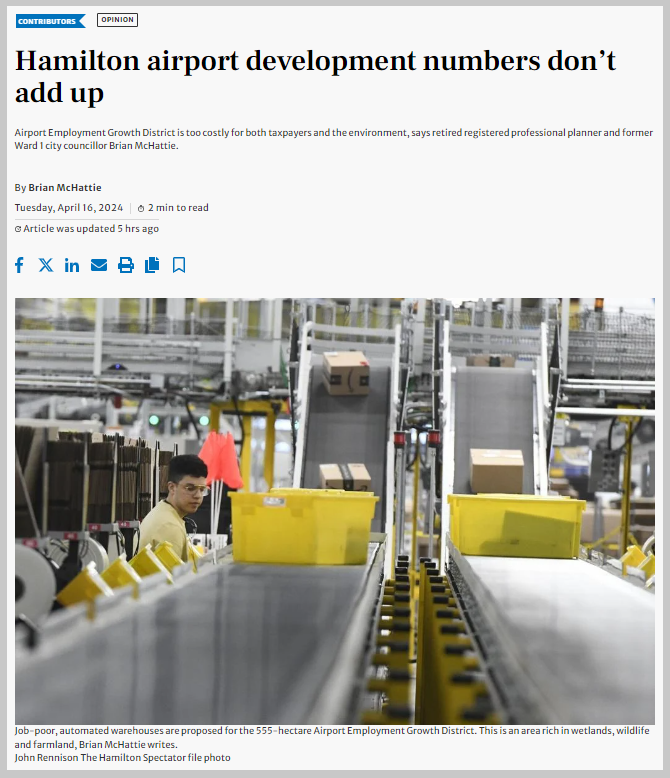 Great piece in today's @TheSpec 'Job-poor, automated warehouses are proposed for the Airport Employment Growth District (AEGD), a 555-hectare piece of land formerly known as the Aerotropolis & bounded by Upper James, Garner Road, Twenty Road & Highway 6.' 1/3