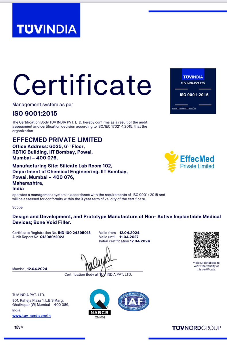 rajashrio's tweet photo. Congratulations to 'Effecmed Private Ltd'. for achieving ISO 9001:2015 and ISO 13485:2016 certifications for their Class III, Implantable Devices. https://t.co/IivtfYcIAB https://t.co/j48xAwVNI5