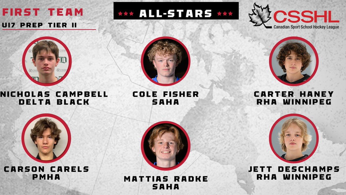 The U17 Prep Tier II 1st Team All-Stars: F: Nicholas Campbell - Delta Hockey Academy Black F: Cole Fisher - SAHA F: Carter Haney - RHA Winnipeg D: Carson Carels - Pilot Mound Hockey Academy D: Jett Deschamps - RHA Winnipeg G: Mattias Radke - SAHA