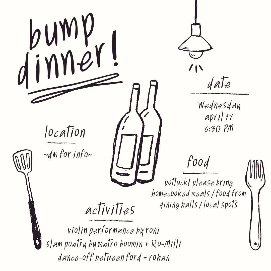 bumproject's tweet image. Quick reminder of BUMP's potluck dinner happening tomorrow at 6:30pm :)

Stop by at a dining hall, or bring some homecooked meal, and join us for some good times with good people!

See you all tomorrow 🚲🧑‍🍳🚶‍♀️🍝🛴🥗
