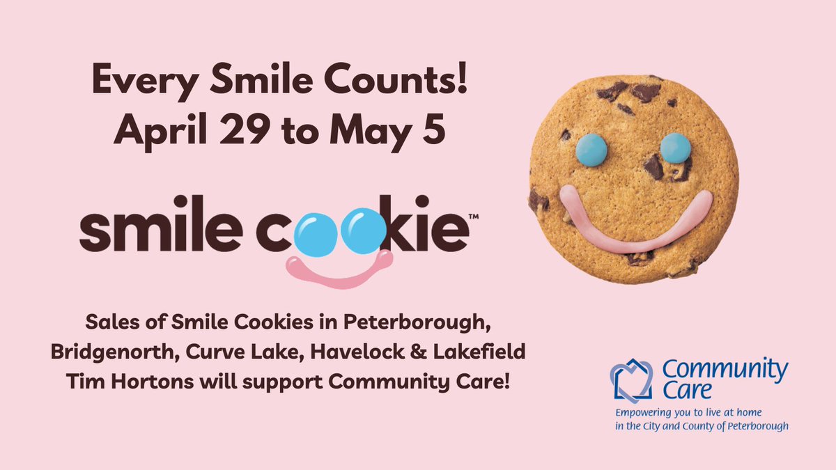 We're so thrilled to have been selected again by @TimHortons to receive the proceeds of the Smile Cookie sales from April 29 - May 5, 2024. #EverySmileCounts Sign up to volunteer to help decorate cookies, or pre-order your cookies, visit: commcareptbo.org/smilecookie