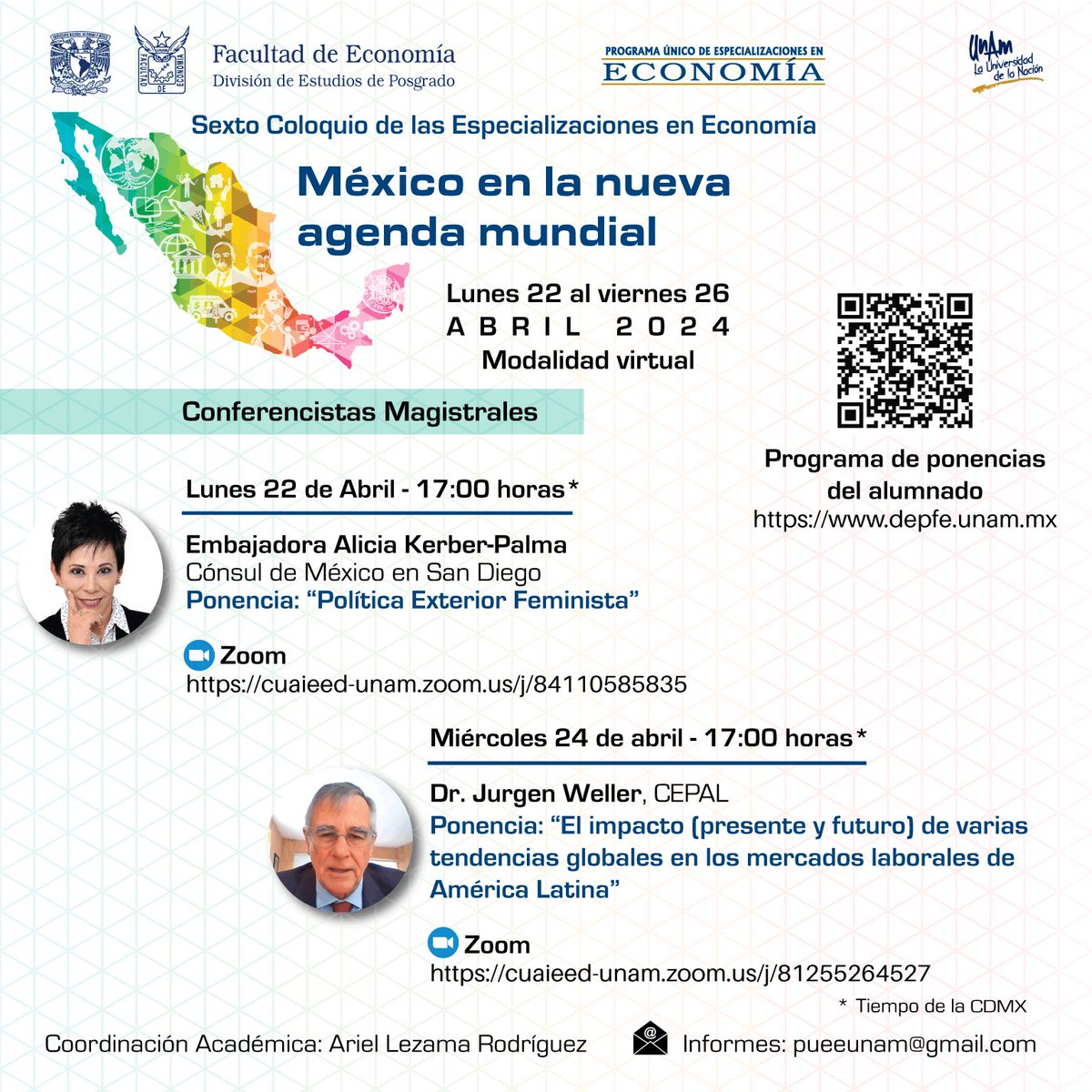 El 24 de abril a las 16:00 horas, la Cónsul General participará -en la modalidad virtual- con una conferencia magistral sobre la #PolíticaExteriorFeminista de la @SRE_mx, en el VI Coloquio de las Especializaciones en Economía de la @UNAM_MX. Te invitamos a la sesión por Zoom 👇