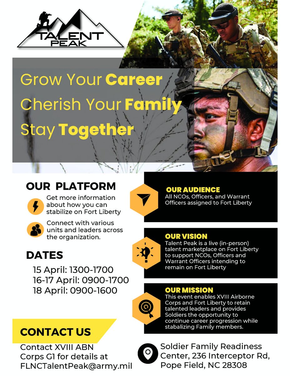 Talent Peak has finally arrived! Visit the in-person talent marketplace if you are an NCO, Officer, or Warrant Officer intending to remain on Fort Liberty. The event is at the Soldier Family Readiness Center during the following times: 16-17 April: 0900-1700 18 April: 0900-1600