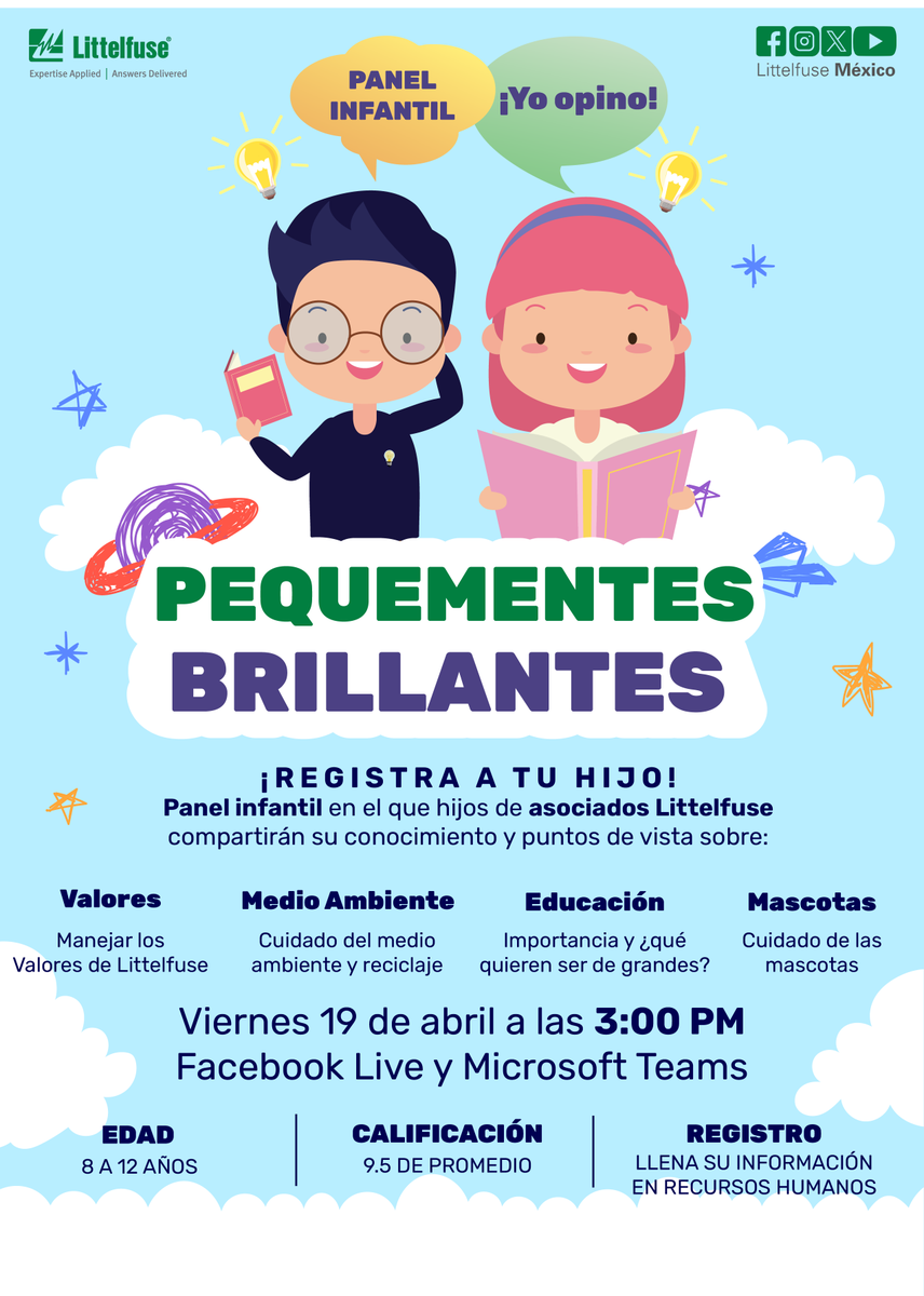 Este próximo viernes los invitamos a escuchar la opinión y conocimiento de las PequeMentes Brillantes que participarán en la segunda edición de nuestro panel infantil 👦👧. ¡Síguelo a través de Facebook Live! 💚

#Littelfise #TeamLittelfuse #SomosLittelfuse