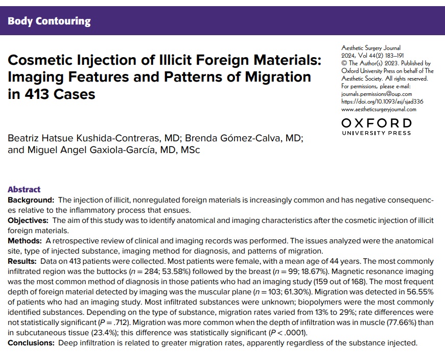 'Cosmetic Injection of Illicit Foreign Materials: Imaging Features and Patterns of Migration in 413 Cases' 🔗Read the paper: doi.org/10.1093/asj/sj… @phaedracress @drkenkel @alalymd @franklista @drpacella @DrKpodzo @clemensmd @AaronKosinsMD @gemmasharp11 @DrJasonPlastics