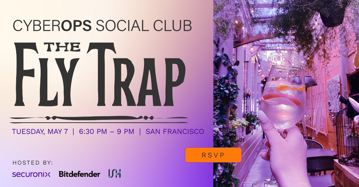 🥂 Join @Securonix, @Bitdefender and @ISH Tecnologia for CyberOps Social Club Happy Hour at RSA Conference! 🍸 Come party with us on Tuesday, May 7 at one of SF's most historic restaurants. Space is limited so you'll need to register to reserve your spot: sc.securonix.com/u/ZnxL7D