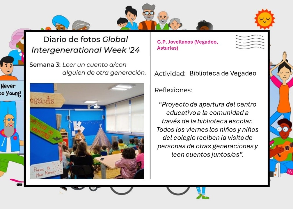¡3ª semana previa a la #GIW24! Reto "Photo Diary Challenge": leer un cuento a/con alguien de otra generación. Nos hacen llegar estos maravillosos encuentros intergeneracionales desde el CINTER (Albolote, Granada), la Mancomunidad de La Vera (Cáceres), y Vegadeo (Asturias):