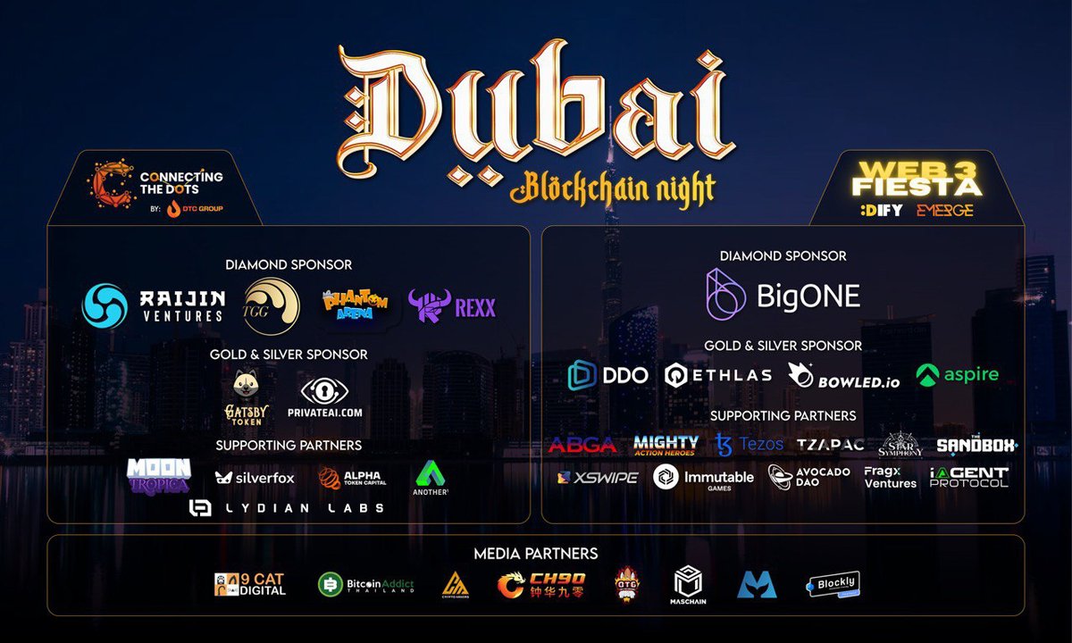 🌟 Excited to announce 'Dubai Blockchain Night 2024: @ctd_events x @dify’s Web3 Fiesta'! 🚀 An official side event of Token2049 & Blockchain Life 2024, organized by @DTCGroup_, @DIFY EMERGE Group. Join us for a transformative evening in Dubai! #CTD2024