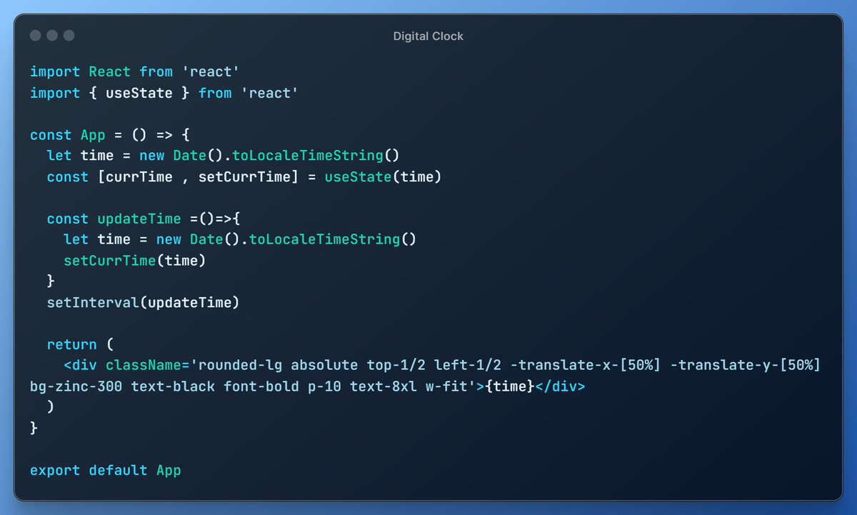 Nandan_one30's tweet image. #100DaysOfCode
🌟 Day 40: React Digital Clock Project
🕒 Created a mesmerizing digital clock 🚀 Leveraged React's useState for dynamic updates
#ReactAdvanced #reactjs #Reactcoding #Projects #javascript #LearnInPublic #buildinpublic