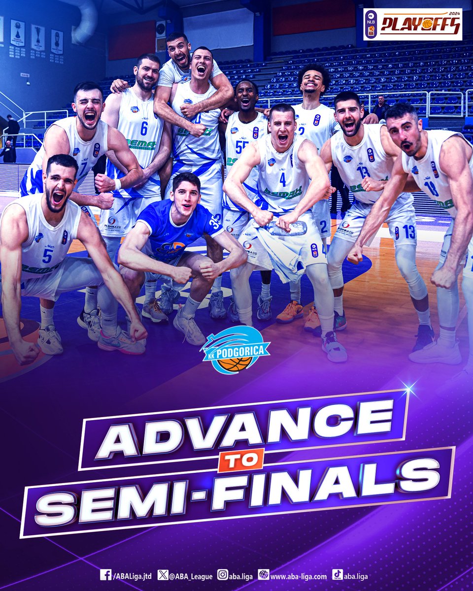 .<a href="/KkPodgorica/">KK Podgorica</a> is the 1st team to advance to the 2023/24 NLB #ABALiga2 Semi-Finals.

Congratulations! 👏👏